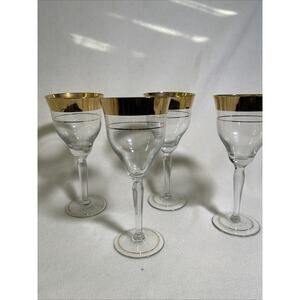 Golden Avitra Stemware 7 3/4" Wine Glass Goblet 1” 22KT Gold Band VTG Set 4